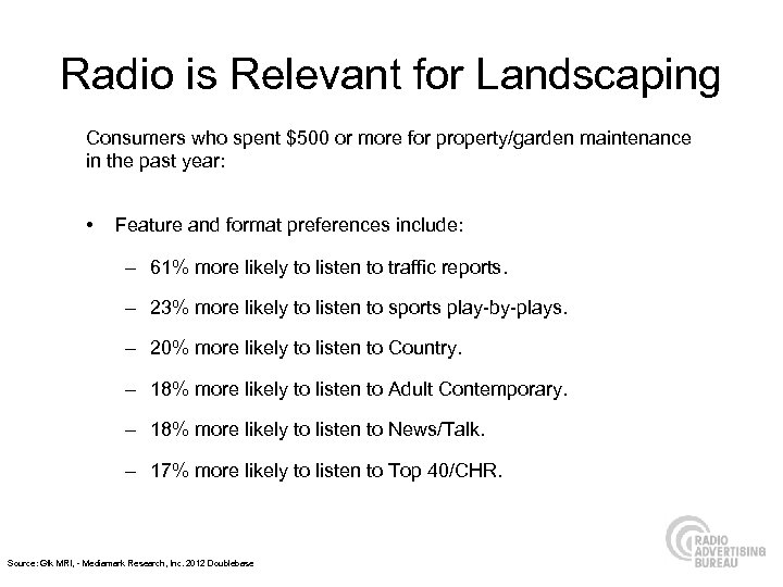 Radio is Relevant for Landscaping Consumers who spent $500 or more for property/garden maintenance