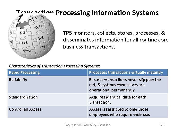 Transaction Processing Information Systems TPS monitors, collects, stores, processes, & disseminates information for all