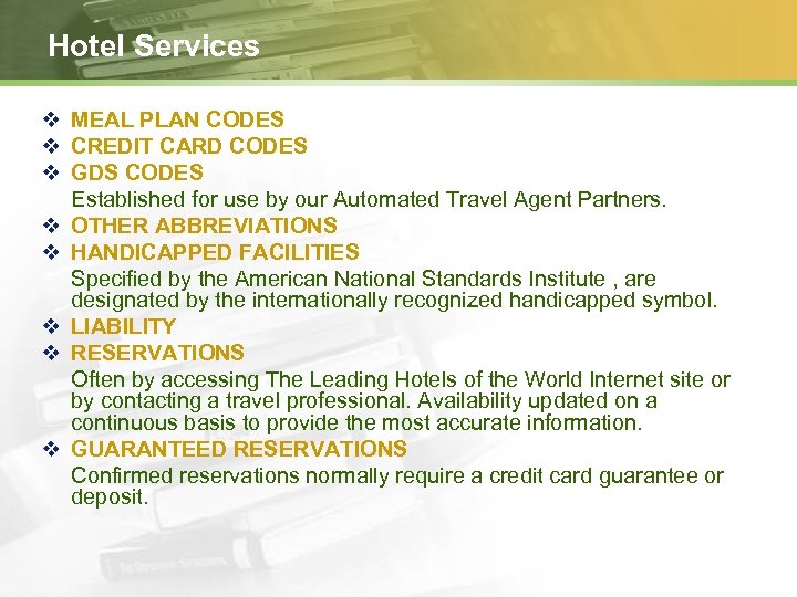 Hotel Services v MEAL PLAN CODES v CREDIT CARD CODES v GDS CODES Established