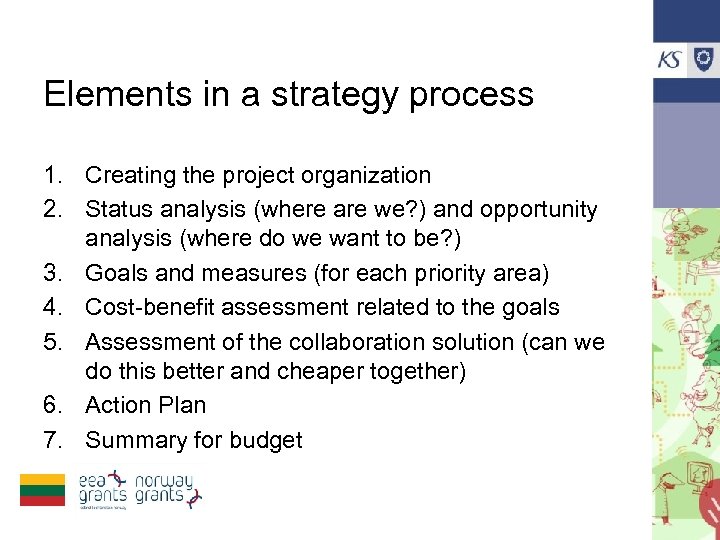 Elements in a strategy process 1. Creating the project organization 2. Status analysis (where