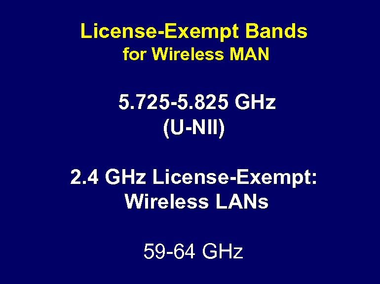 License-Exempt Bands for Wireless MAN 5. 725 -5. 825 GHz (U-NII) 2. 4 GHz