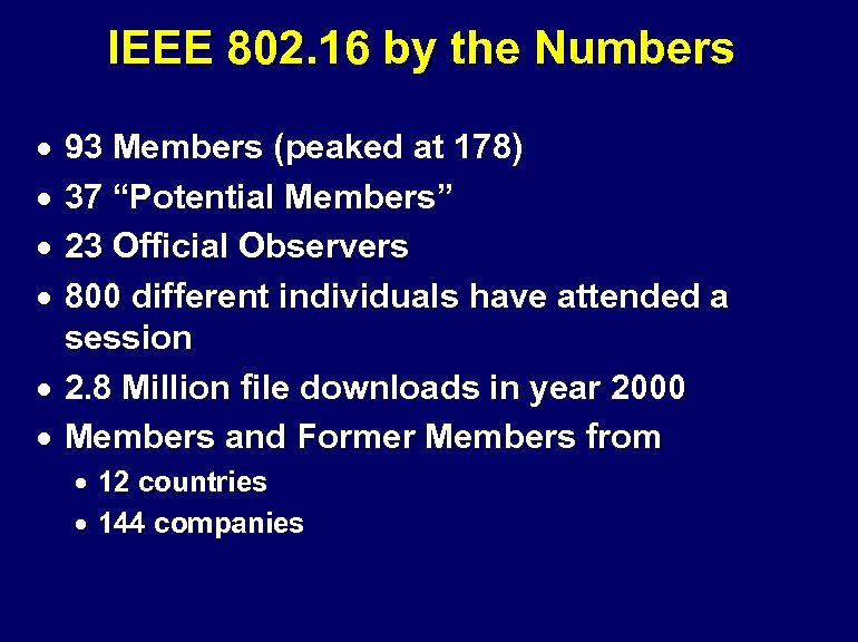 IEEE 802. 16 by the Numbers · · 93 Members (peaked at 178) 37