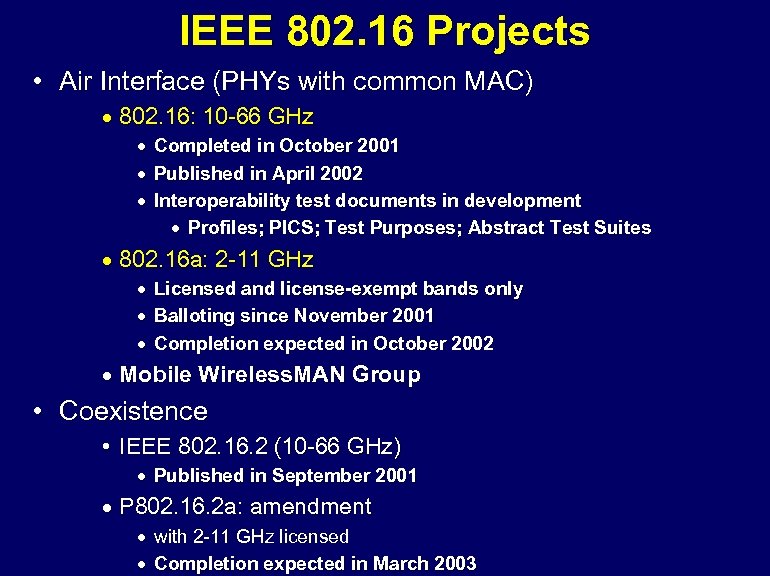 IEEE 802. 16 Projects • Air Interface (PHYs with common MAC) · 802. 16: