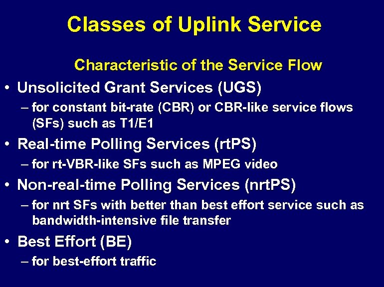 Classes of Uplink Service Characteristic of the Service Flow • Unsolicited Grant Services (UGS)