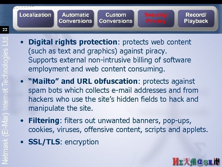 Localization Automatic Conversions Custom Conversions Security/ Privacy Record/ Playback 22 • Digital rights protection: