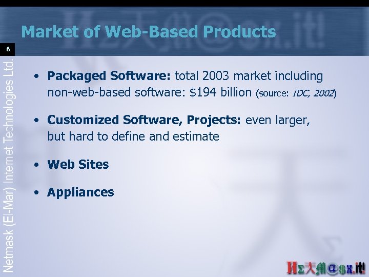 Market of Web-Based Products 6 • Packaged Software: total 2003 market including non-web-based software: