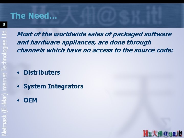 The Need… 8 Most of the worldwide sales of packaged software and hardware appliances,
