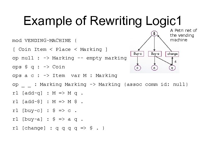 Example of Rewriting Logic 1 mod VENDING-MACHINE { A Petri net of the vending