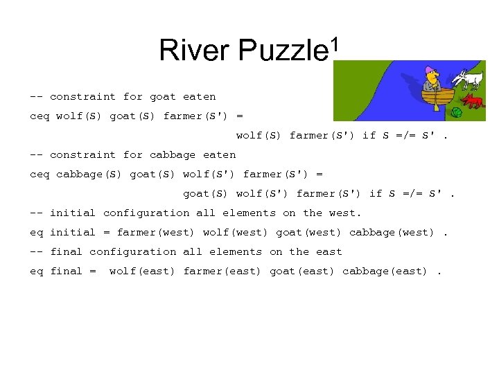 River Puzzle 1 -- constraint for goat eaten ceq wolf(S) goat(S) farmer(S') = wolf(S)