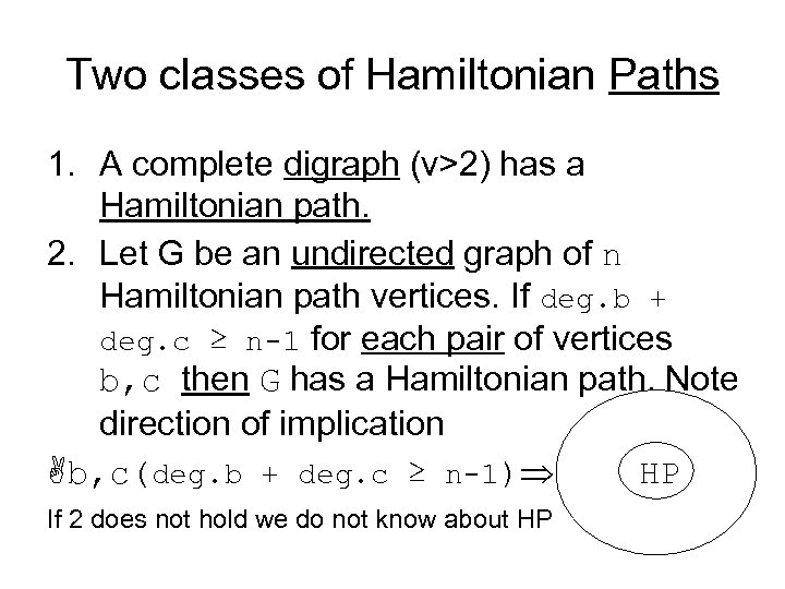 Two classes of Hamiltonian Paths 1. A complete digraph (v>2) has a Hamiltonian path.