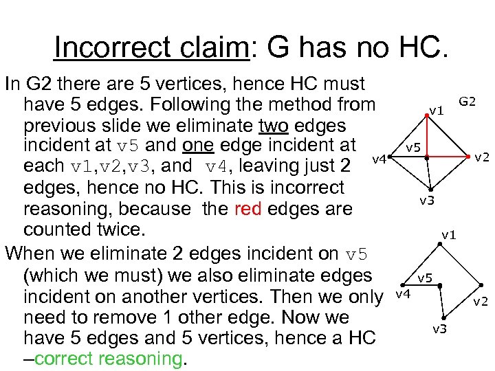 Incorrect claim: G has no HC. In G 2 there are 5 vertices, hence