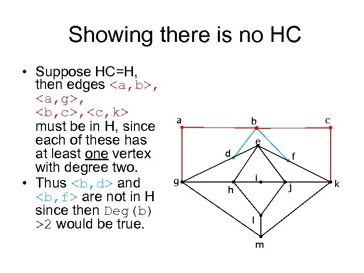 Showing there is no HC • Suppose HC=H, then edges <a, b>, <a, g>,