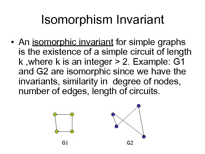 Isomorphism Invariant • An isomorphic invariant for simple graphs is the existence of a