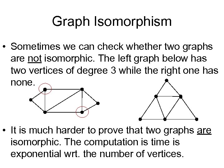 Graph Isomorphism • Sometimes we can check whether two graphs are not isomorphic. The