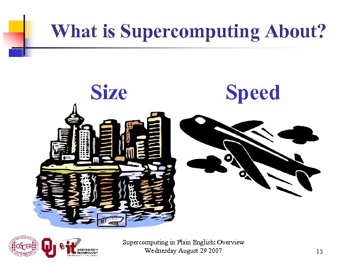 What is Supercomputing About? Size Speed Supercomputing in Plain English: Overview Wednesday August 29