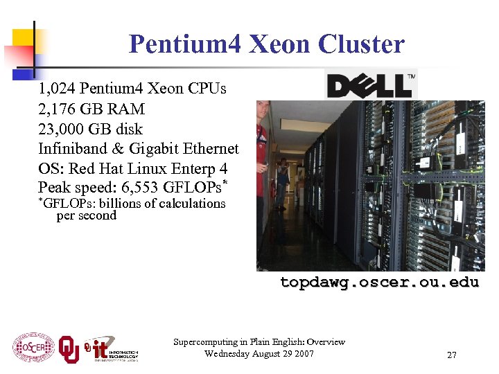 Pentium 4 Xeon Cluster 1, 024 Pentium 4 Xeon CPUs 2, 176 GB RAM