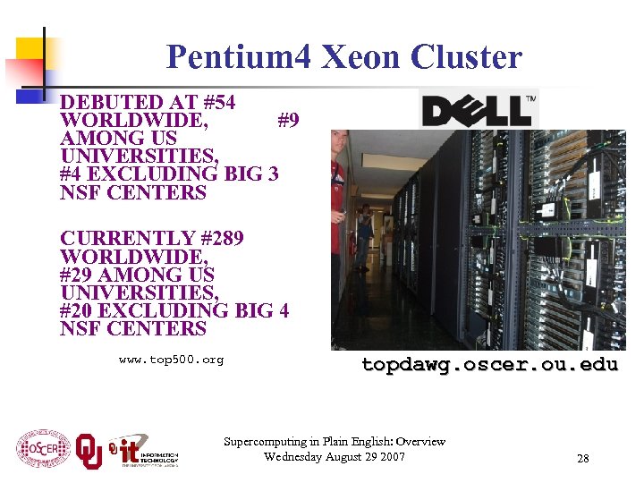 Pentium 4 Xeon Cluster DEBUTED AT #54 WORLDWIDE, #9 AMONG US UNIVERSITIES, #4 EXCLUDING