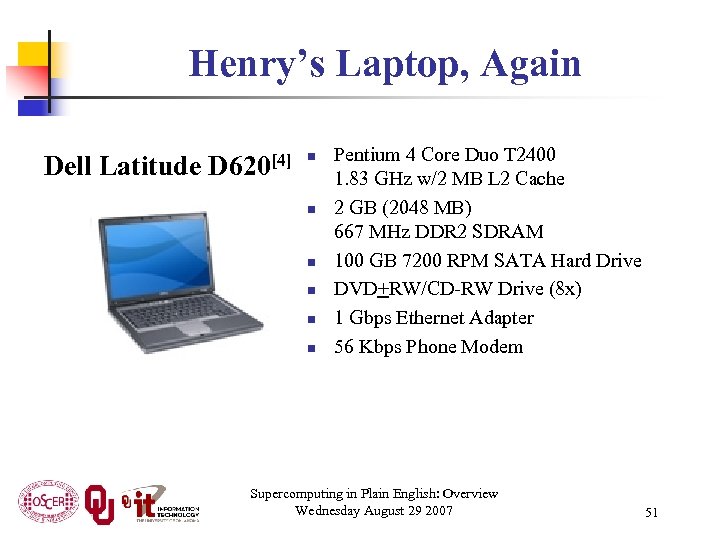 Henry’s Laptop, Again Dell Latitude D 620[4] n n n Pentium 4 Core Duo