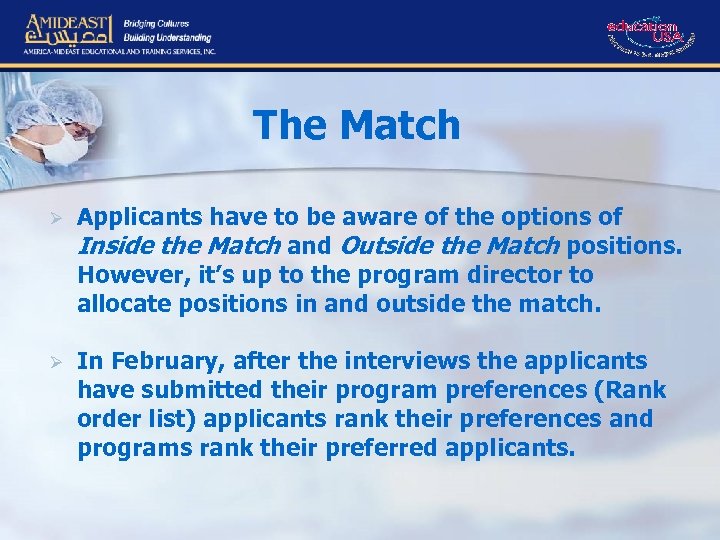The Match Ø Applicants have to be aware of the options of Inside the