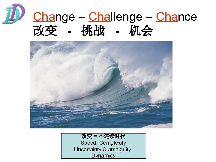 Change – Challenge – Chance 改变 - 挑战 - 机会 改变 = 不连续时代 Speed,