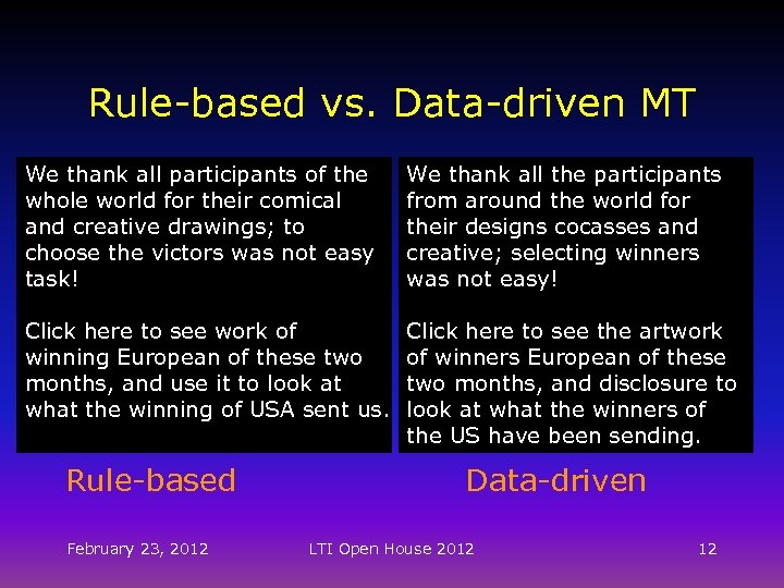 Rule-based vs. Data-driven MT We thank all participants of the whole world for their