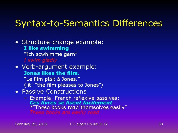 Syntax-to-Semantics Differences • Structure-change example: I like swimming “Ich scwhimme gern” I swim gladly