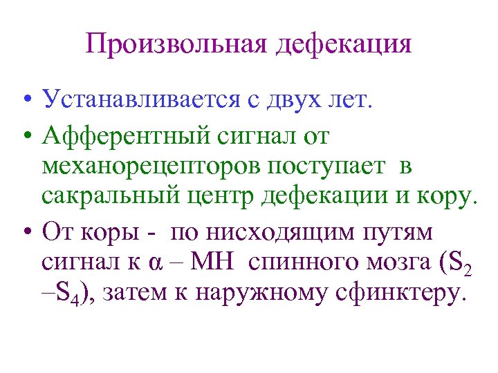 Произвольная дефекация • Устанавливается с двух лет. • Афферентный сигнал от механорецепторов поступает в