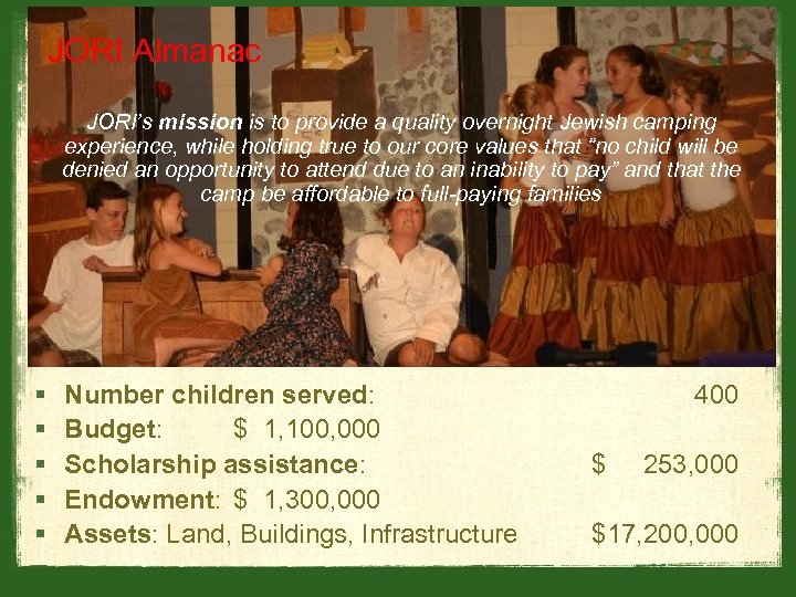 JORI Almanac JORI’s mission is to provide a quality overnight Jewish camping experience, while