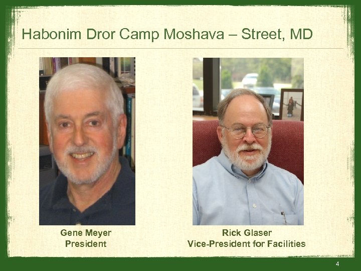 Habonim Dror Camp Moshava – Street, MD Gene Meyer President Rick Glaser Vice-President for