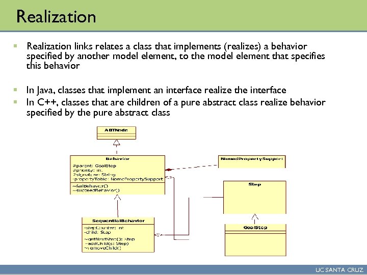 Realization § Realization links relates a class that implements (realizes) a behavior specified by