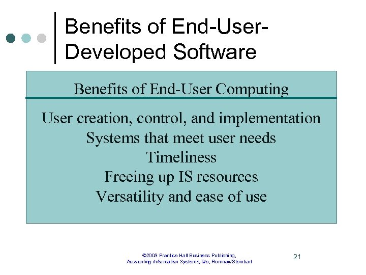 Benefits of End-User. Developed Software Benefits of End-User Computing User creation, control, and implementation