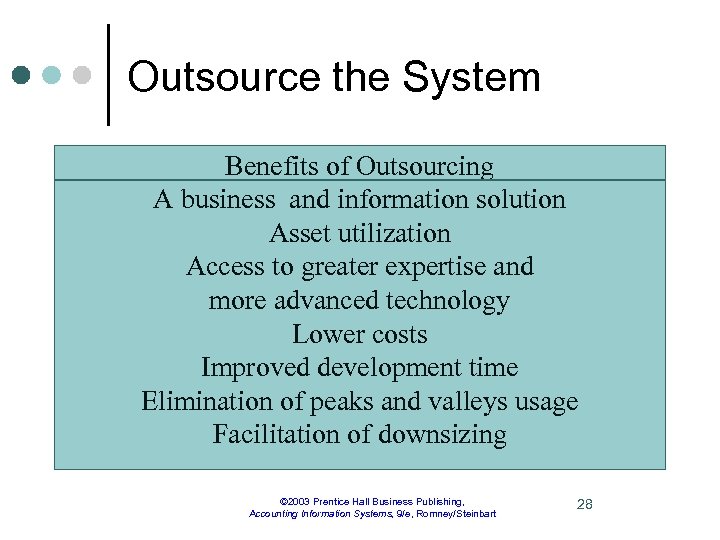Outsource the System Benefits of Outsourcing A business and information solution Asset utilization Access
