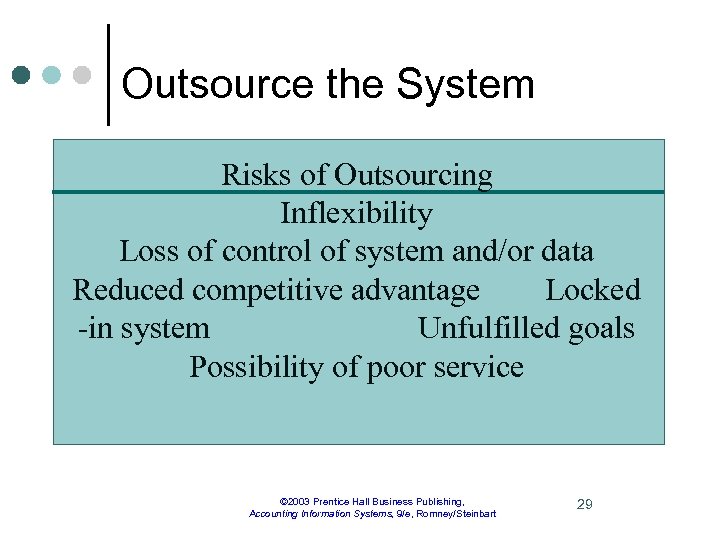 Outsource the System Risks of Outsourcing Inflexibility Loss of control of system and/or data