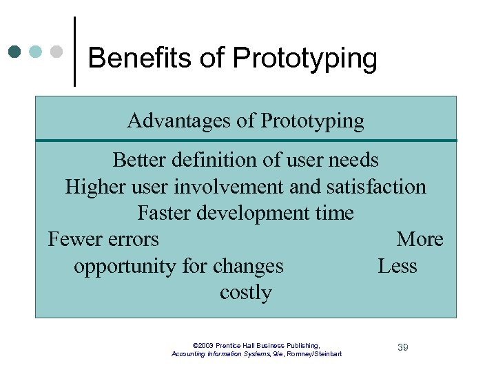 Benefits of Prototyping Advantages of Prototyping Better definition of user needs Higher user involvement
