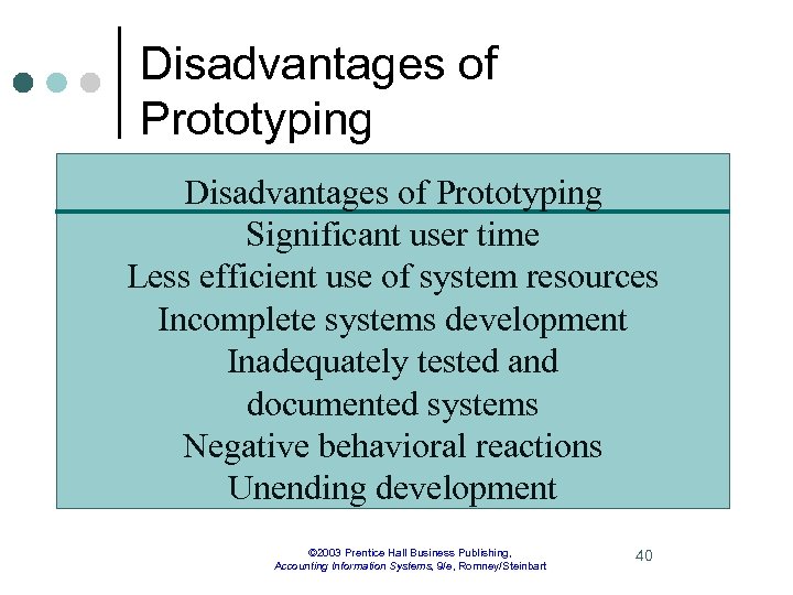 Disadvantages of Prototyping Significant user time Less efficient use of system resources Incomplete systems