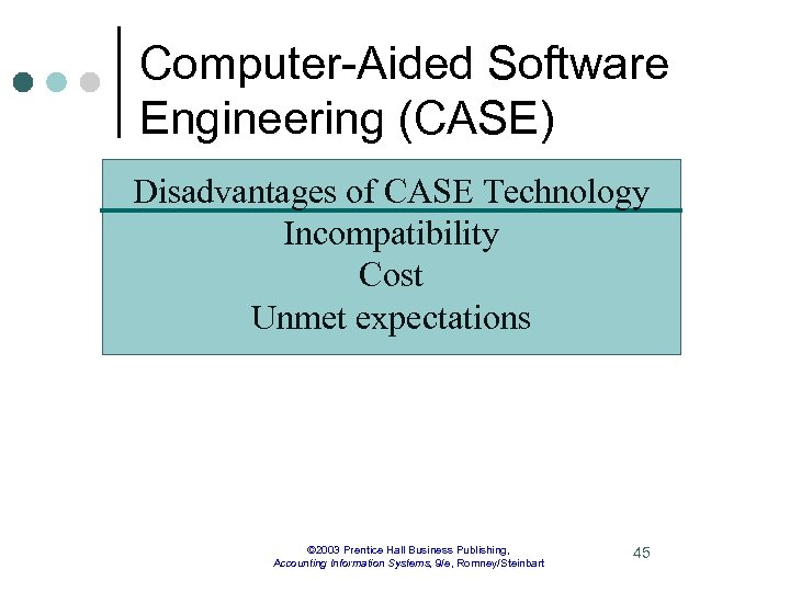 Computer-Aided Software Engineering (CASE) Disadvantages of CASE Technology Incompatibility Cost Unmet expectations © 2003