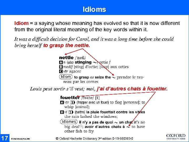 Idioms Idiom = a saying whose meaning has evolved so that it is now