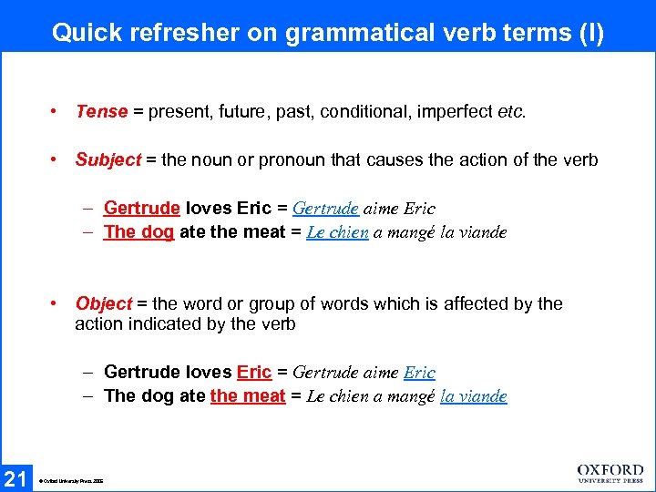 Quick refresher on grammatical verb terms (I) • Tense = present, future, past, conditional,