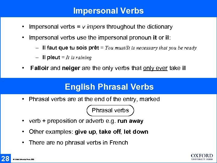 Impersonal Verbs • Impersonal verbs = v impers throughout the dictionary • Impersonal verbs