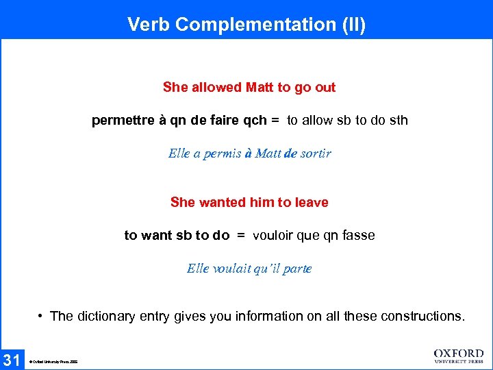 Verb Complementation (II) She allowed Matt to go out permettre à qn de faire