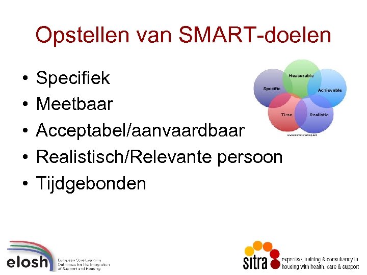 Opstellen van SMART-doelen • • • Specifiek Meetbaar Acceptabel/aanvaardbaar Realistisch/Relevante persoon Tijdgebonden 