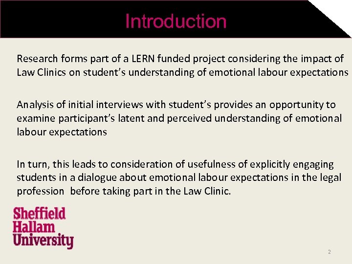 Introduction Research forms part of a LERN funded project considering the impact of Law