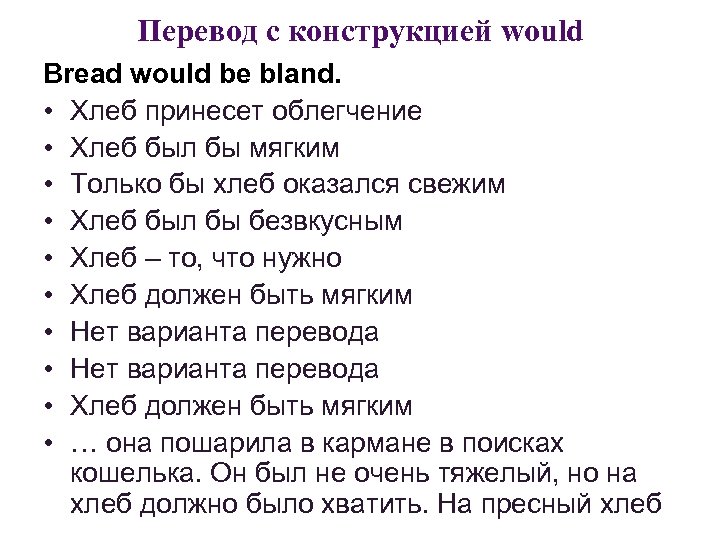 Перевод с конструкцией would Bread would be bland. • Хлеб принесет облегчение • Хлеб