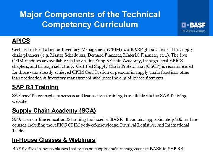 Major Components of the Technical Competency Curriculum APICS Certified in Production & Inventory Management