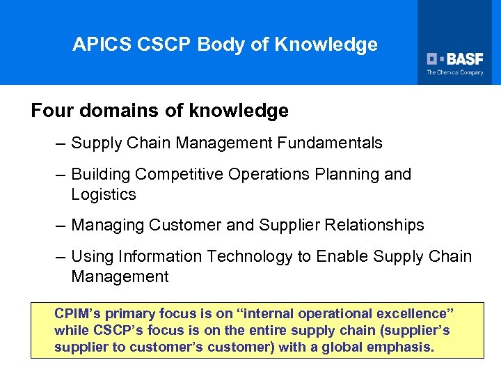 APICS CSCP Body of Knowledge Four domains of knowledge – Supply Chain Management Fundamentals