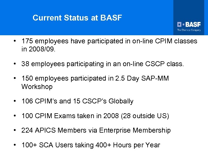 Current Status at BASF • 175 employees have participated in on-line CPIM classes in