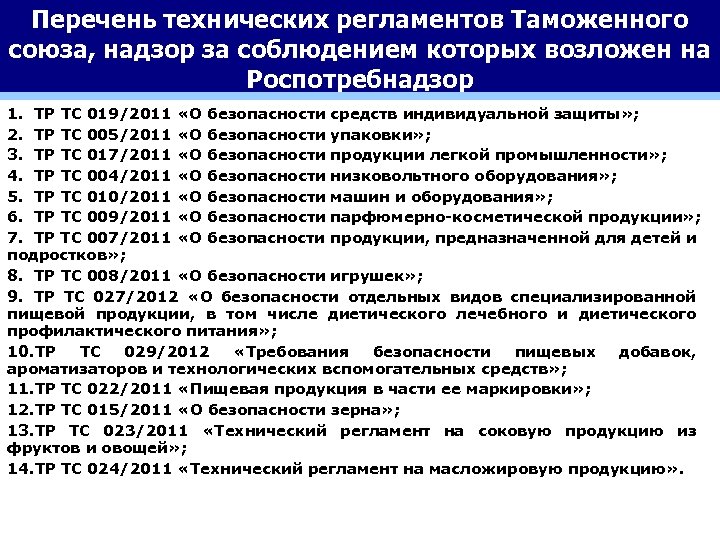 Перечень технических регламентов Таможенного союза, надзор за соблюдением которых возложен на Роспотребнадзор 1. ТР