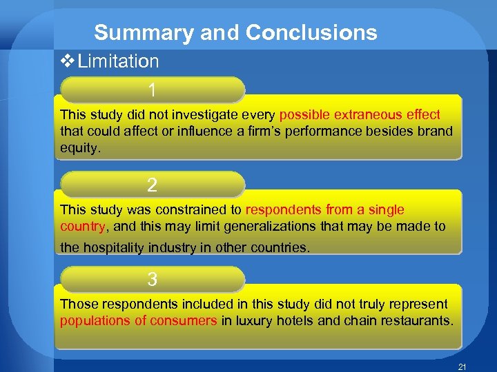 Summary and Conclusions v Limitation 1 This study did not investigate every possible extraneous