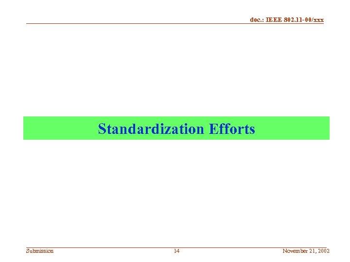 doc. : IEEE 802. 11 -00/xxx Standardization Efforts Submission 14 November 21, 2002 