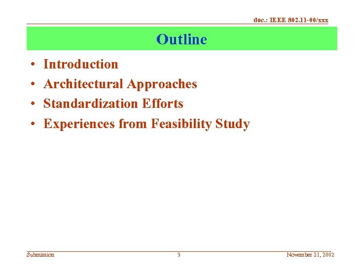 doc. : IEEE 802. 11 -00/xxx Outline • • Introduction Architectural Approaches Standardization Efforts